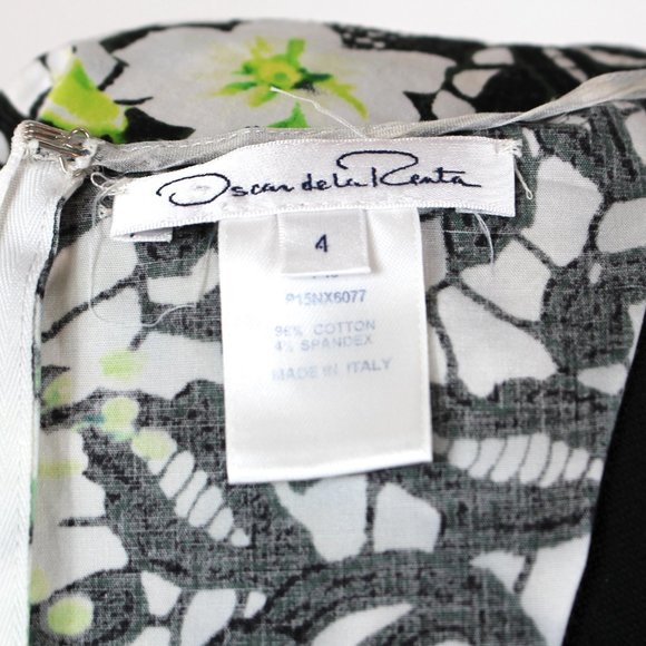Oscar de la Renta Cotton Poplin Black White Green Floral A-Line Dress 4 - Picture 7 of 8